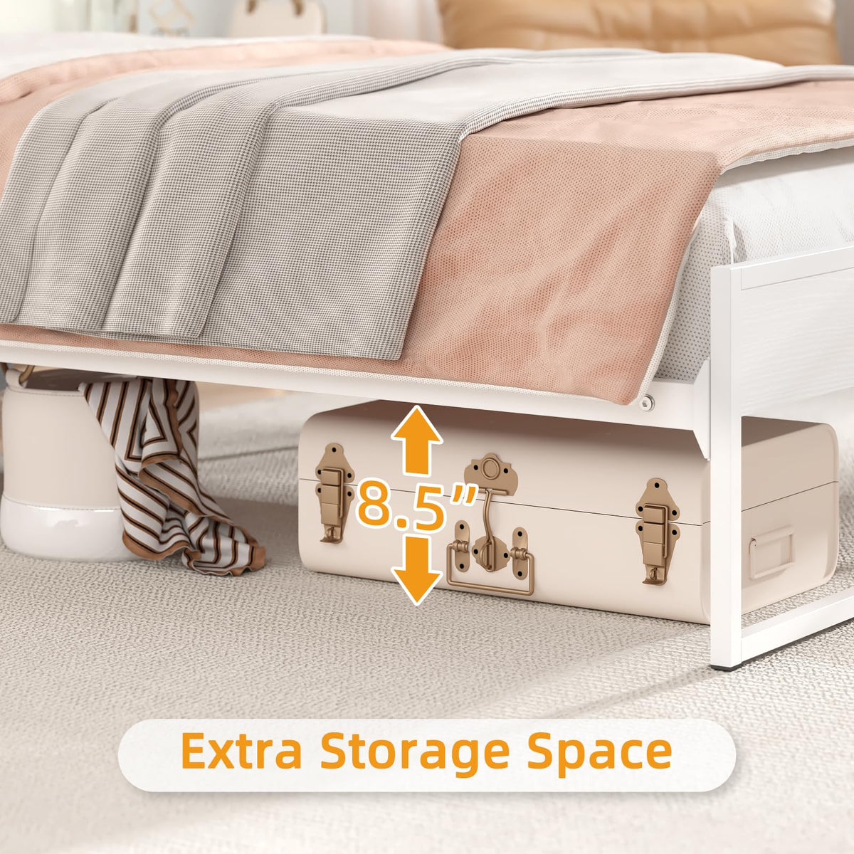 White Metal Twin Bed Frame with 2-Tier Storage Headboard F91979