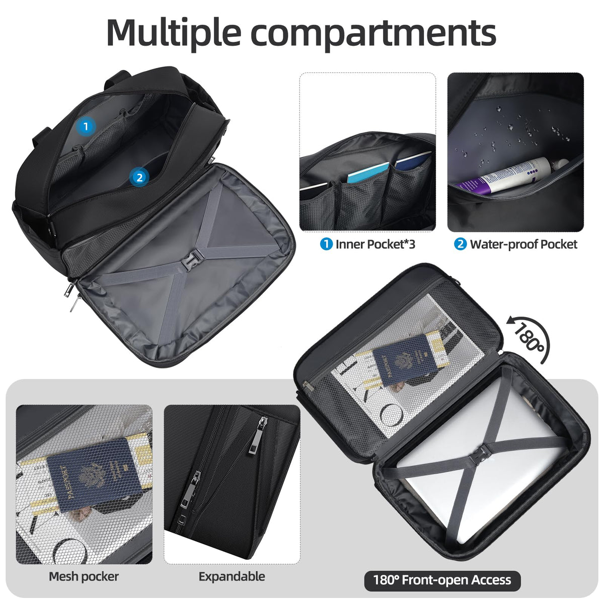 Black Expandable Carry-On Luggage Duffel Bag with Adjustable Strap E85718