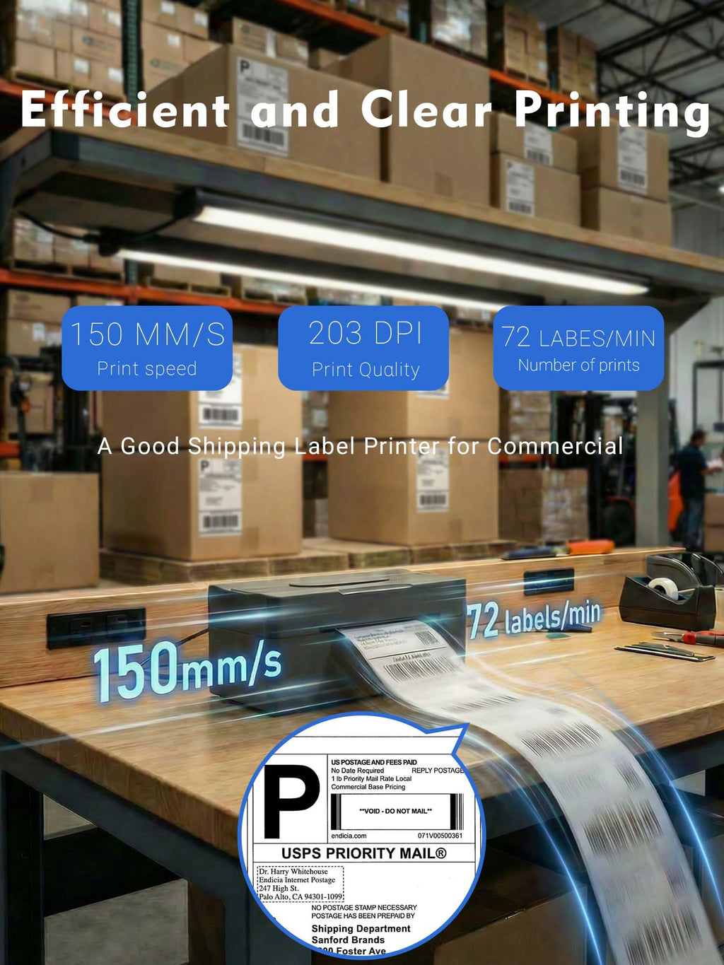 Bluetooth Thermal Shipping Label Printer 4x6 Black V646