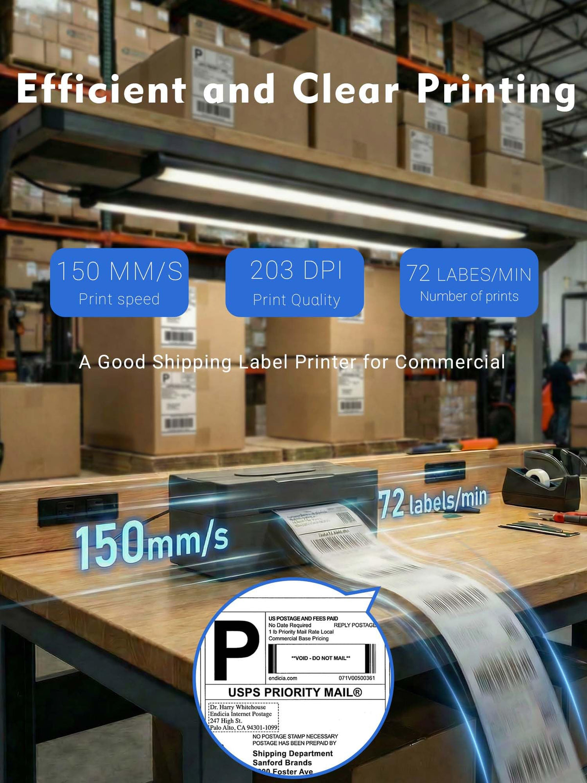 Bluetooth Thermal Shipping Label Printer 4x6 Black V646
