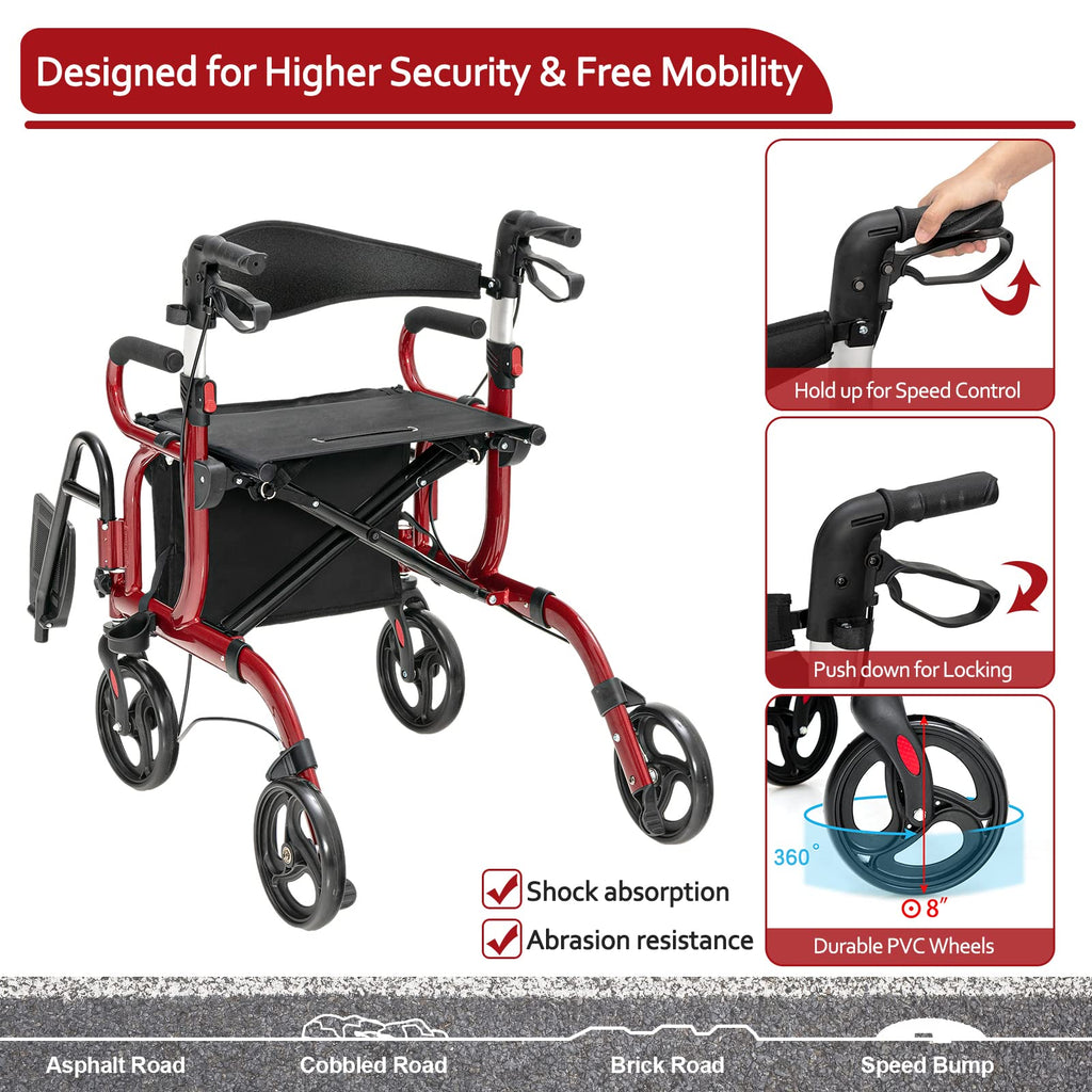 2-in-1 Folding Rollator Walker with Seat, Red O2156
