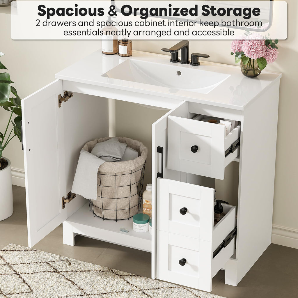 36" White Bathroom Vanity with Sink, 2 Soft-Close Drawers & Doors W72011