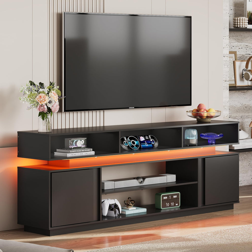 Black 2 Tier TV Stand with RGB LED Lights and Storage Cabinets W98663