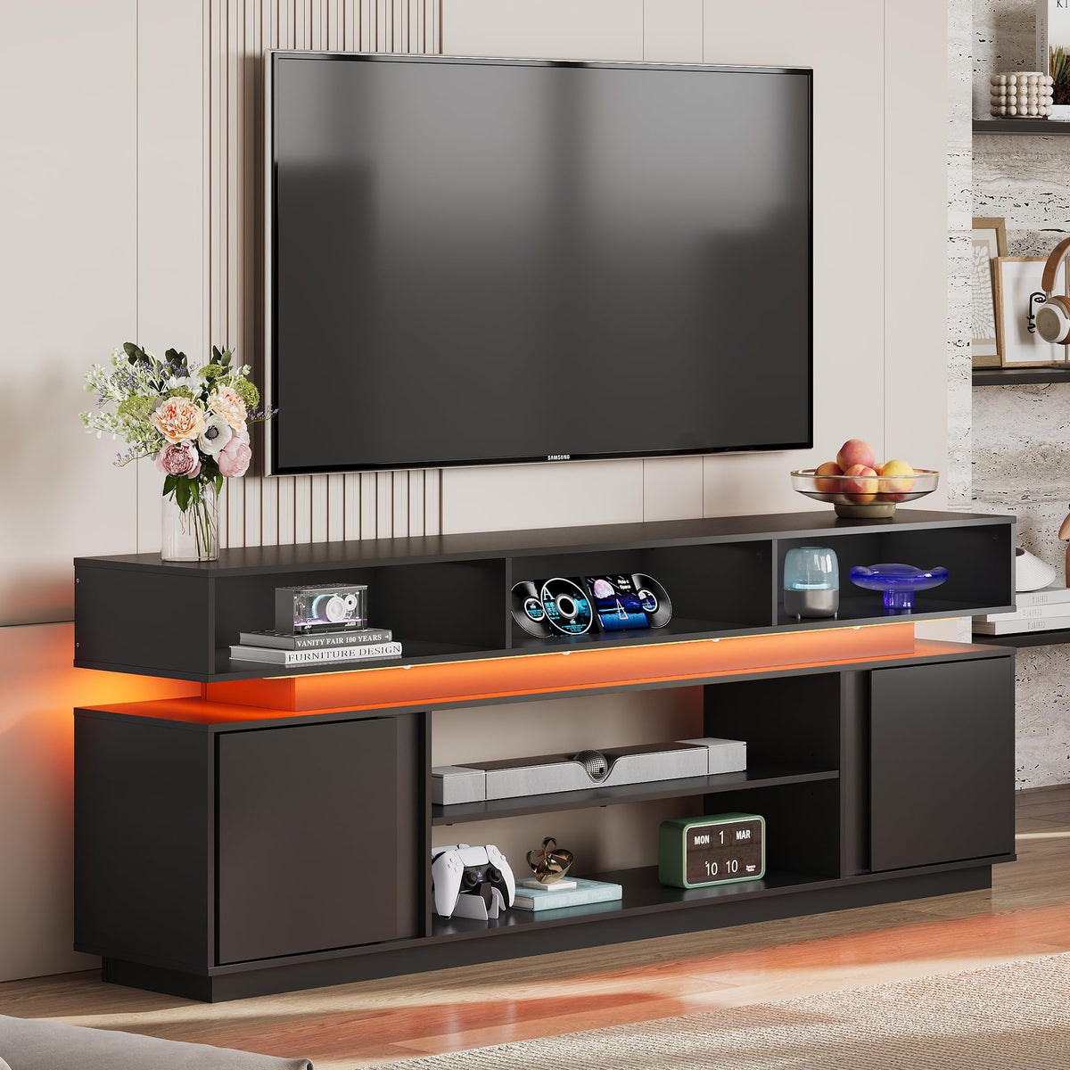 Black 2 Tier TV Stand with RGB LED Lights and Storage Cabinets W98663