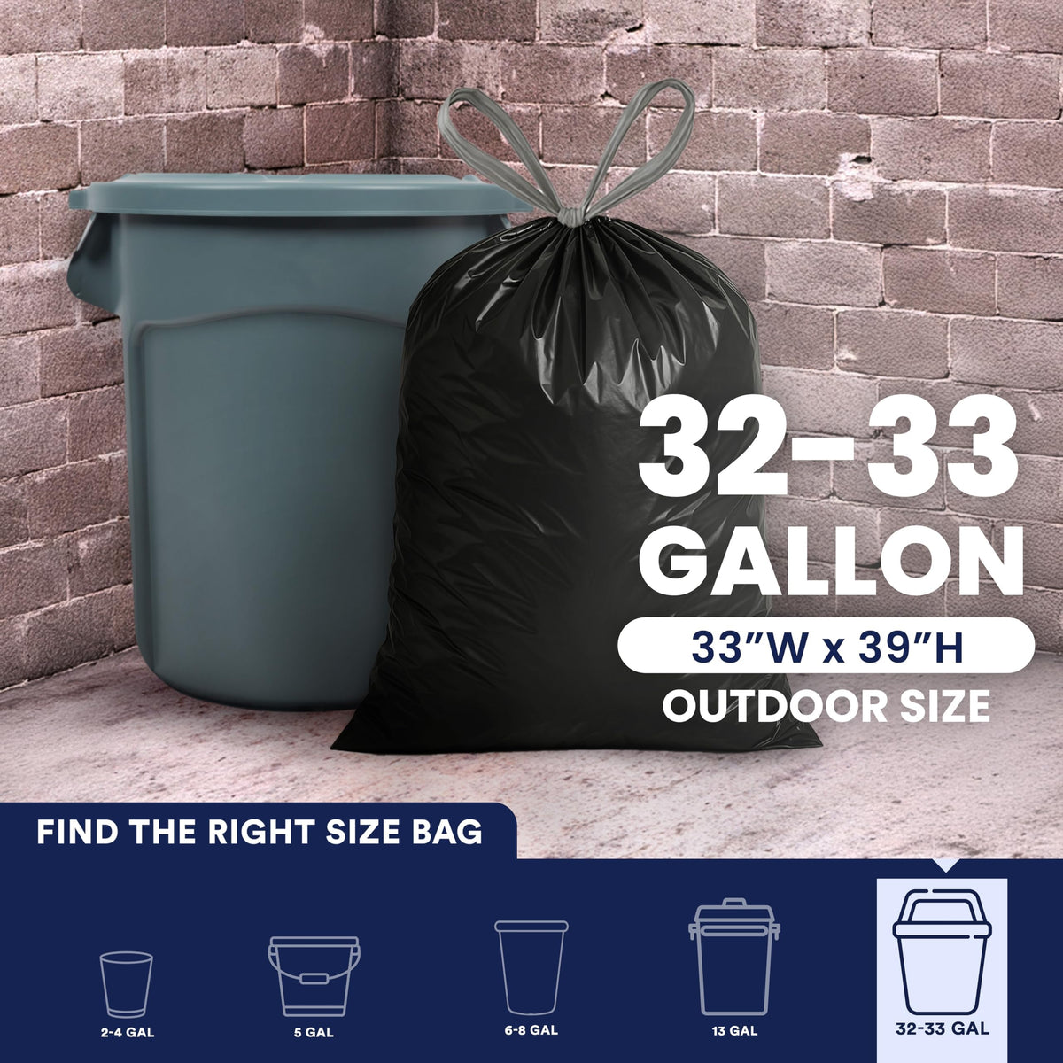32-33 Gallon 1.2 Mil Black Drawstring Trash Bags, 100 Count J2738