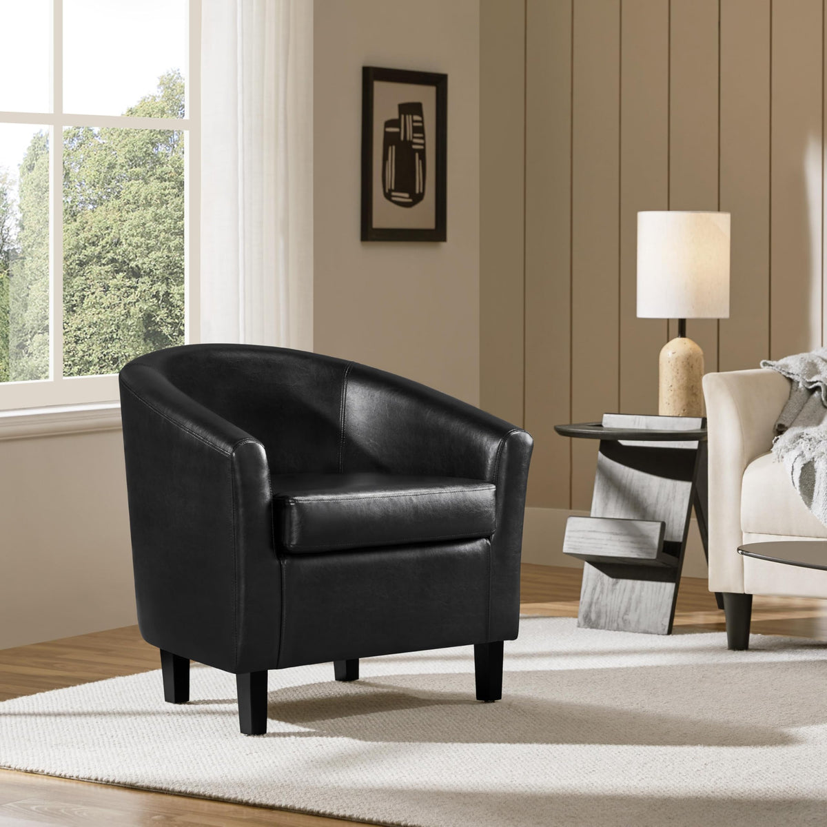 Black Faux Leather Barrel Accent Chairs V4379