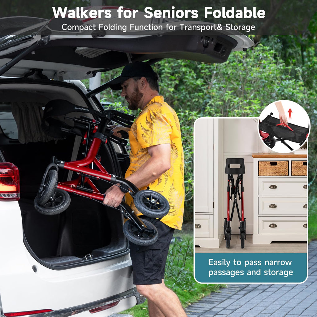 Red Foldable Rollator Walker with Seat, 8" Rubber Wheels and Backrest Q1519