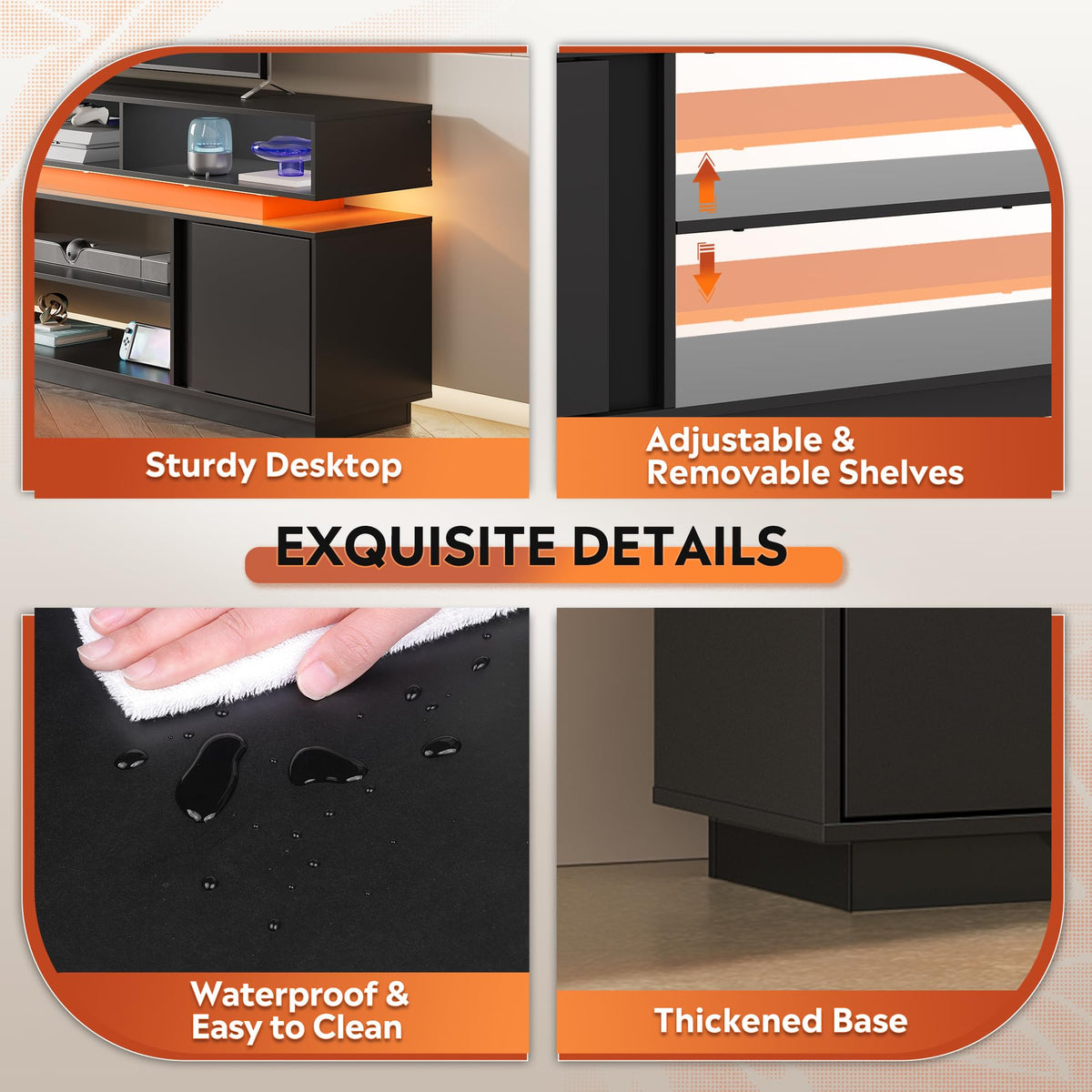 Black 2 Tier TV Stand with RGB LED Lights and Storage Cabinets W98663
