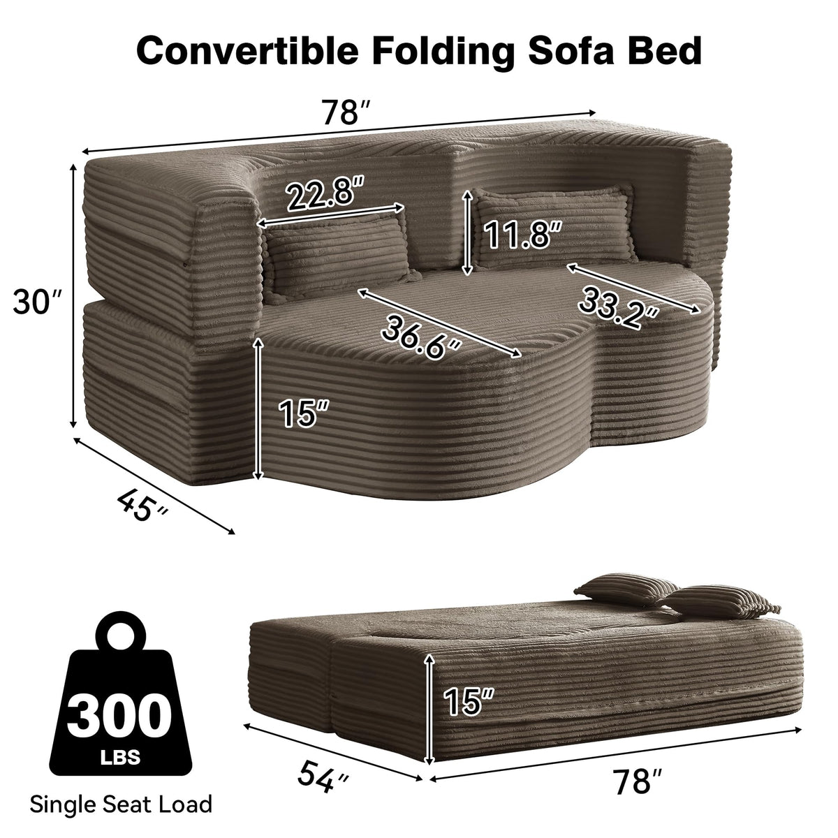 Brown Corduroy Convertible Futon Sofa Bed B3707