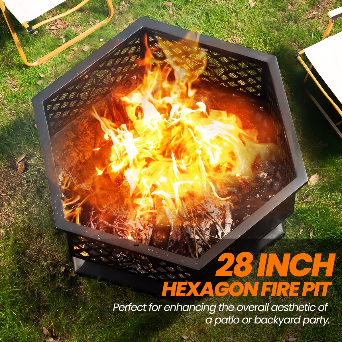 28 Inch Hexagonal Fire Pit with Spark Screen & Fire Poker Black F715