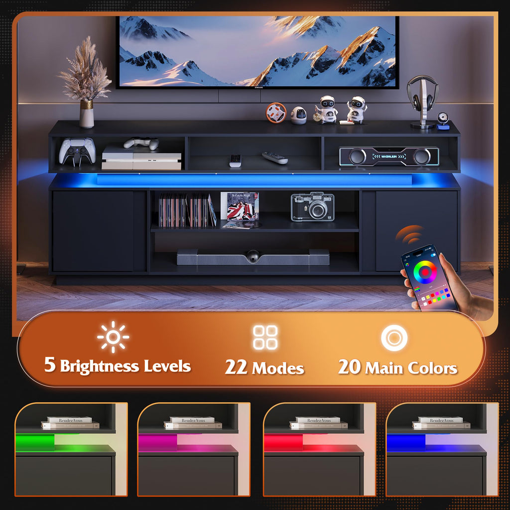 Black 2 Tier TV Stand with RGB LED Lights and Storage Cabinets W98663