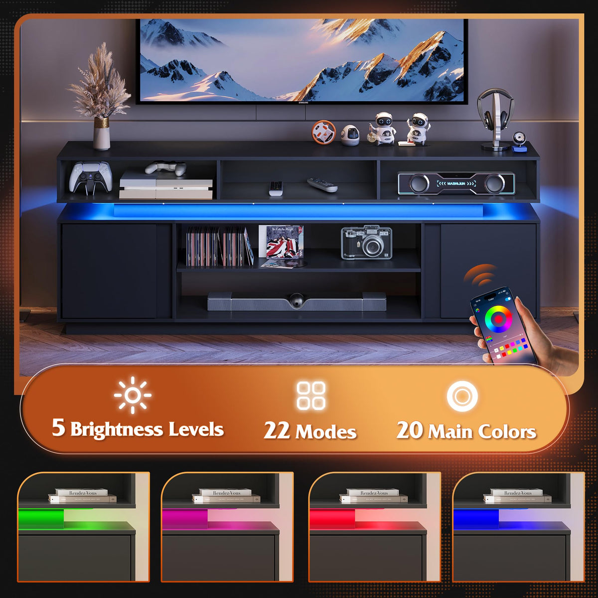 Black 2 Tier TV Stand with RGB LED Lights and Storage Cabinets W98663
