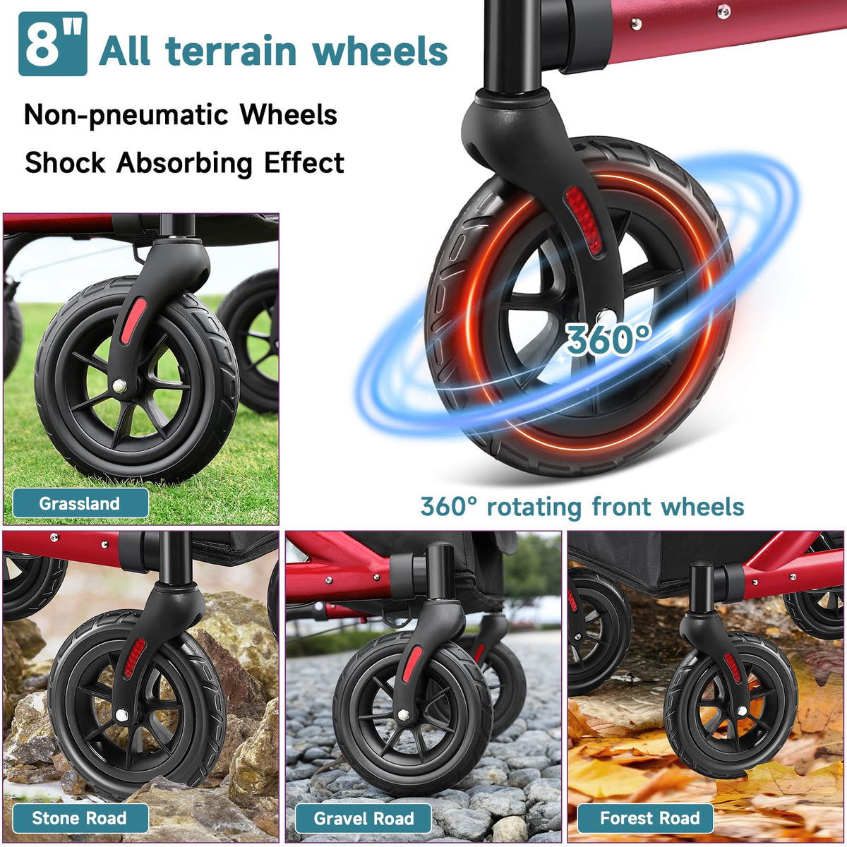 Red Foldable Rollator Walker with Seat, 8" Rubber Wheels and Backrest Q1519
