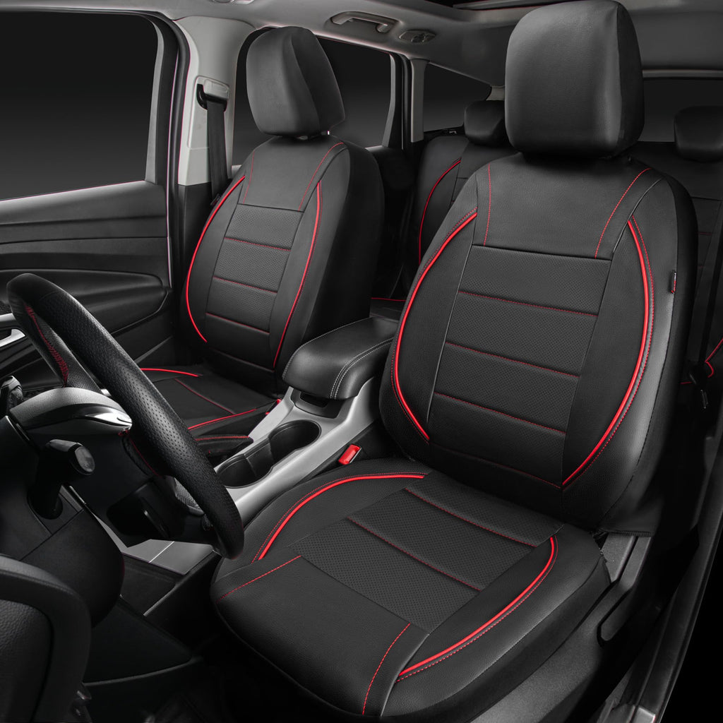 Black Red Faux Leather Front Seat Covers W5713