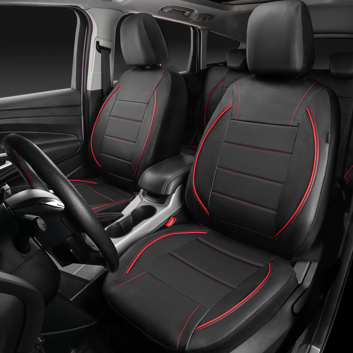 Black Red Faux Leather Front Seat Covers W5713