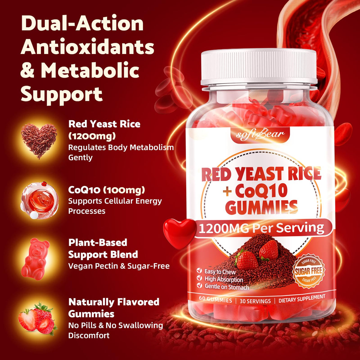 Sugar Free Red Yeast Rice with CoQ10 1200mg Strawberry Flavor 120 Count T884