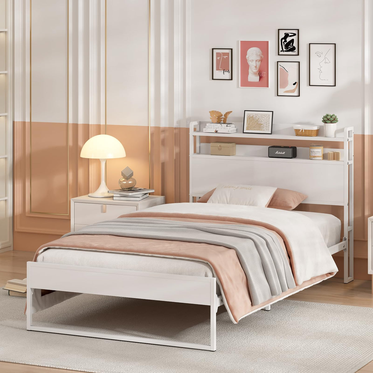 White Metal Twin Bed Frame with 2-Tier Storage Headboard F91979