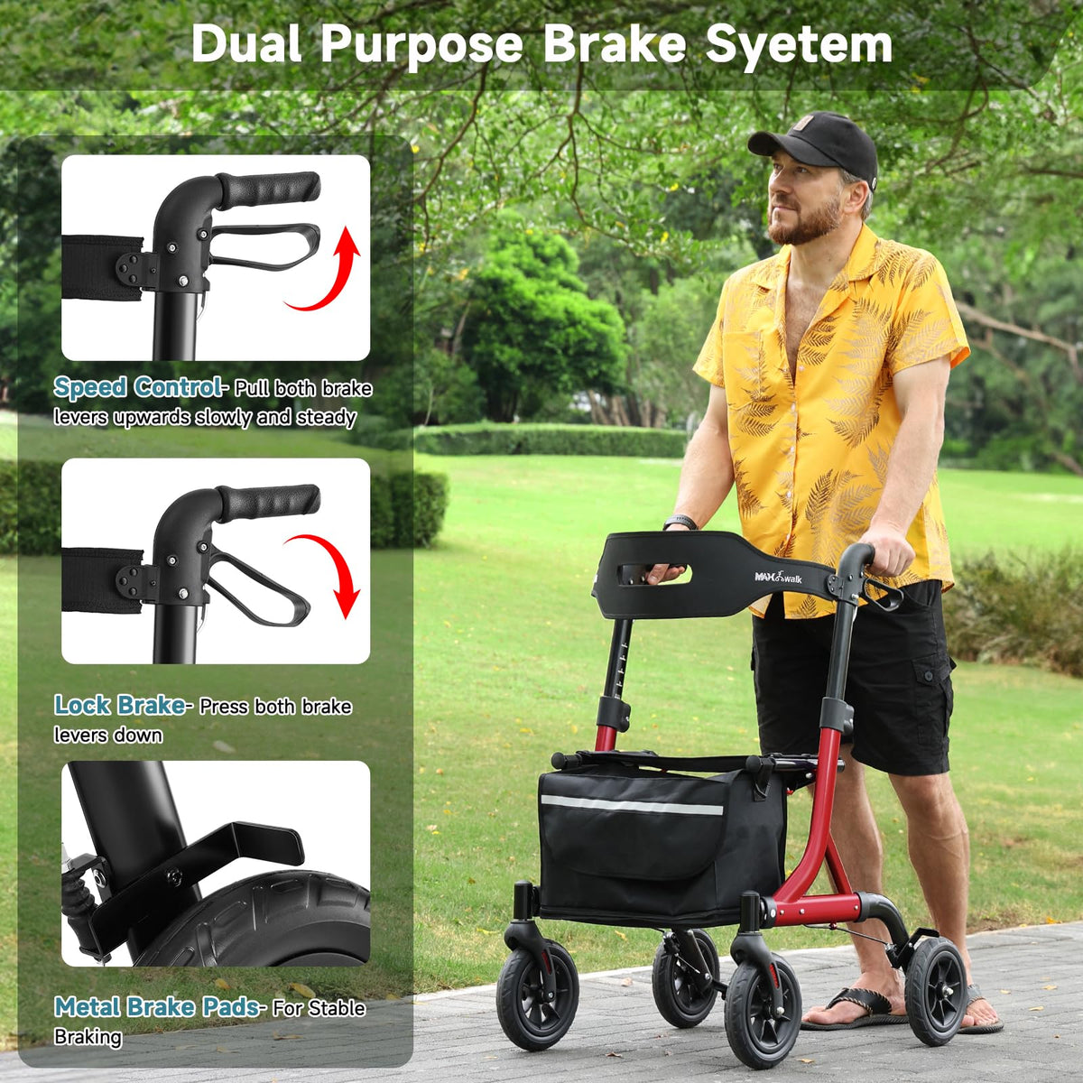 Red Foldable Rollator Walker with Seat, 8" Rubber Wheels and Backrest Q1519