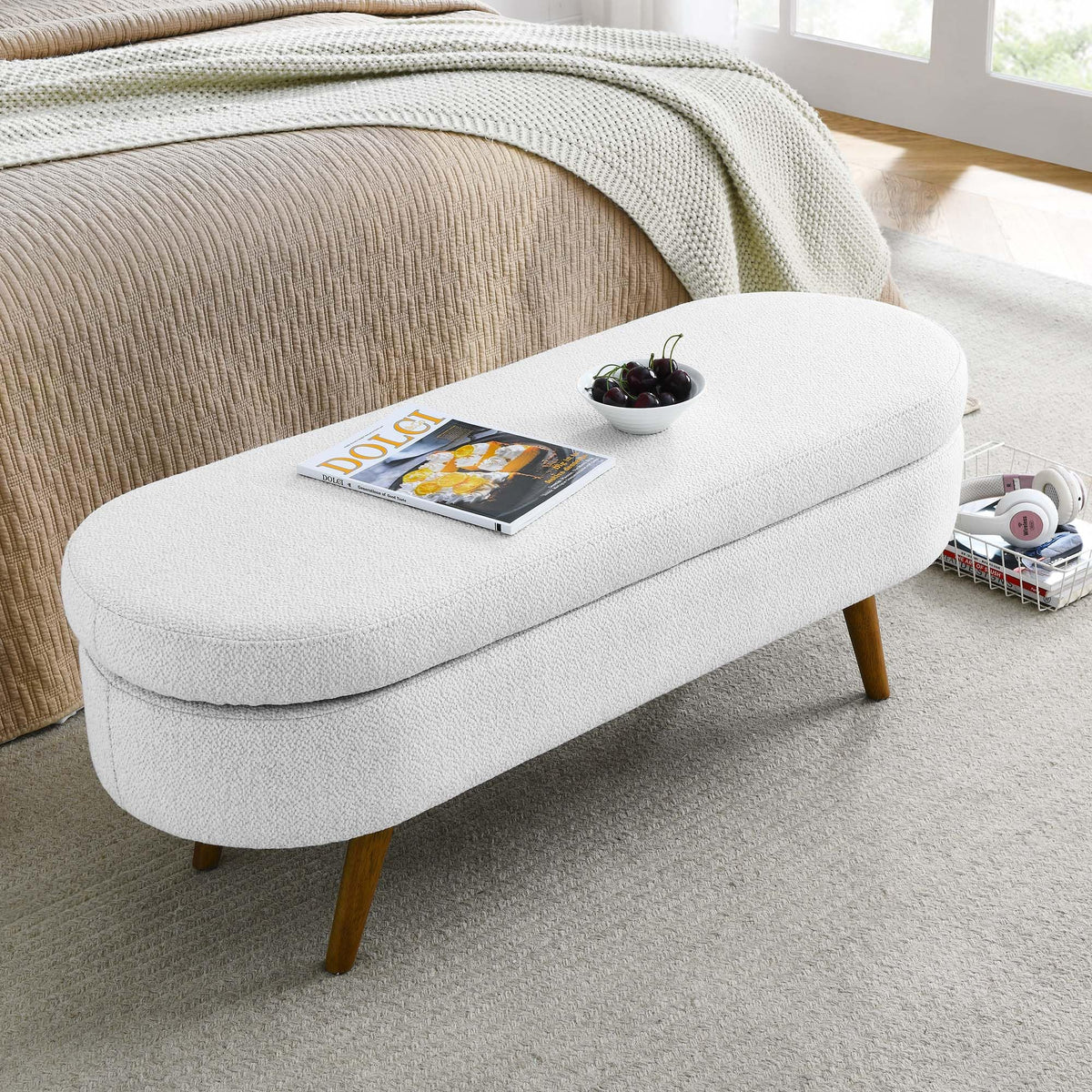 White Oval Storage Ottoman Bench with Rubber Wood Legs U74318