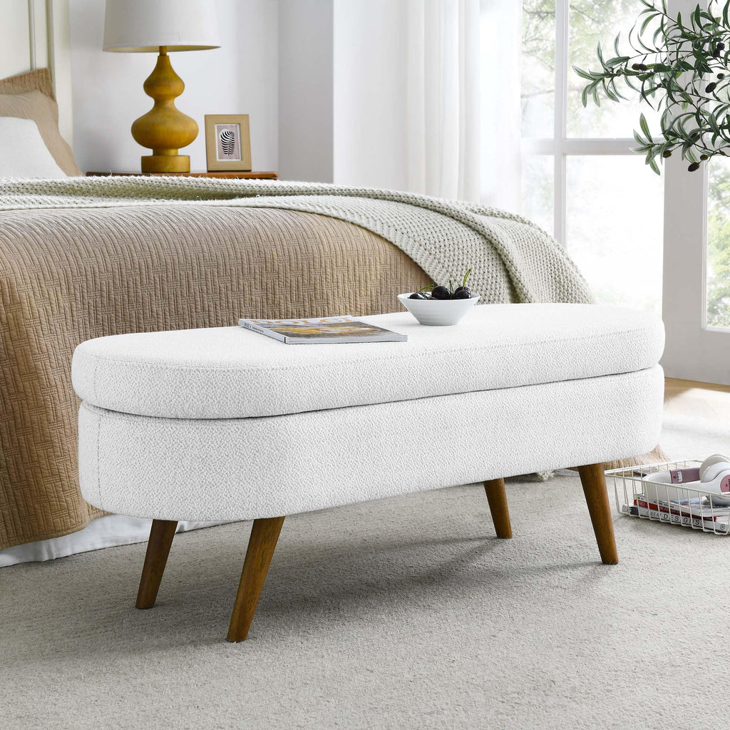 White Oval Storage Ottoman Bench with Rubber Wood Legs U74318