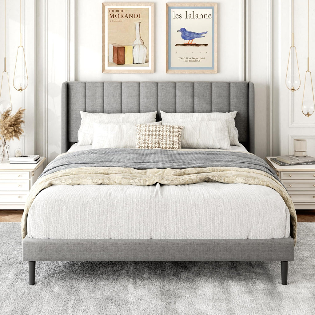 Queen Size Upholstered Platform Bed Frame with Wingback Headboard S364