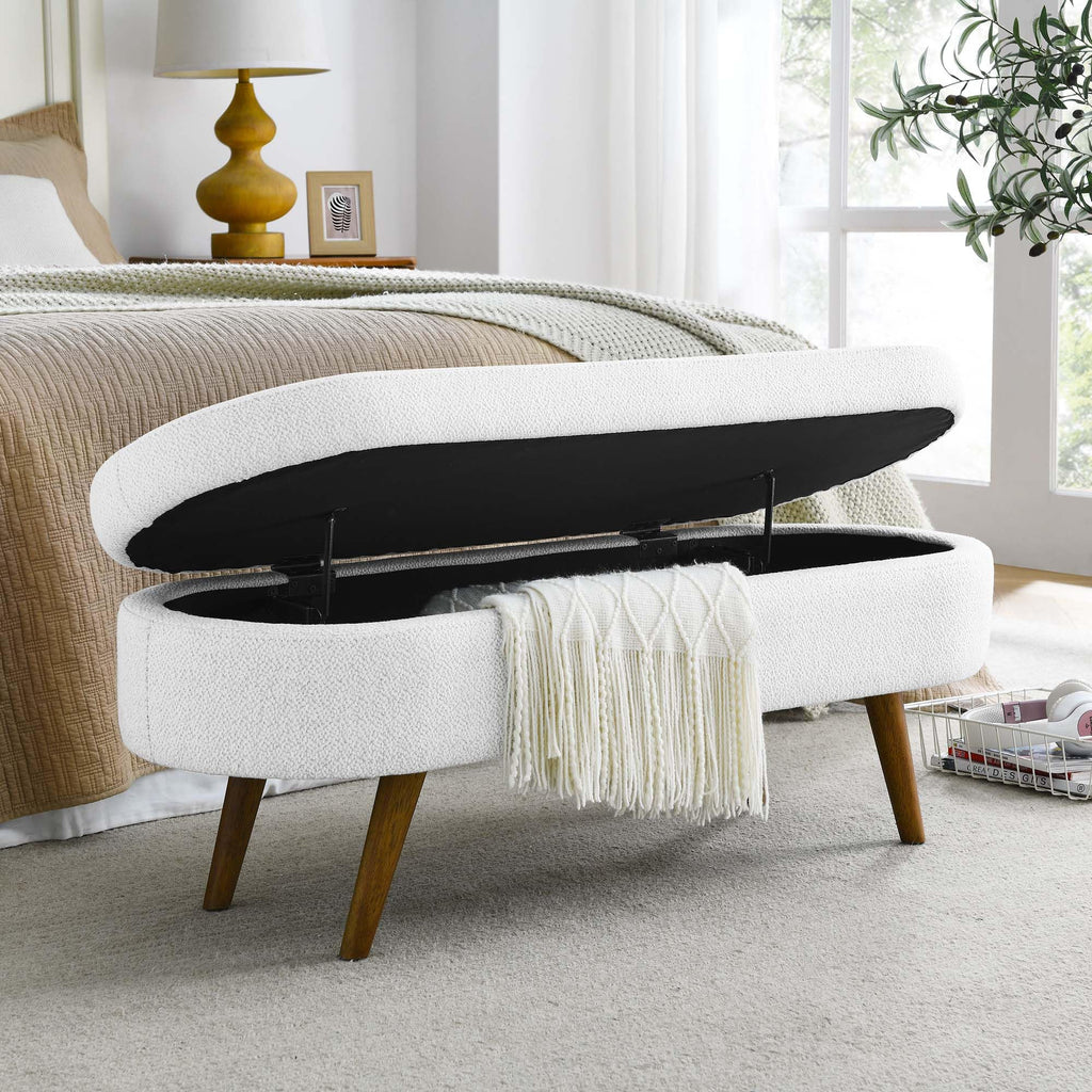 White Oval Storage Ottoman Bench with Rubber Wood Legs U74318