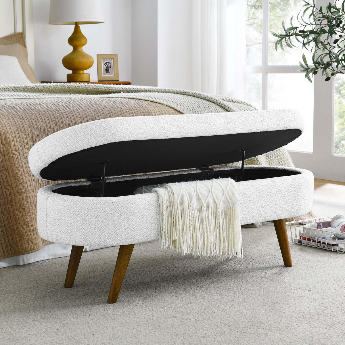 White Oval Storage Ottoman Bench with Rubber Wood Legs U74318