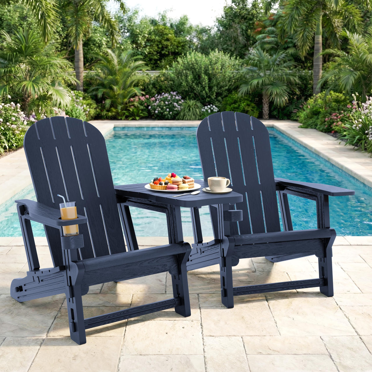 Dark Blue HDPE Adirondack Chairs Set of 2 with Cup Holder W73755
